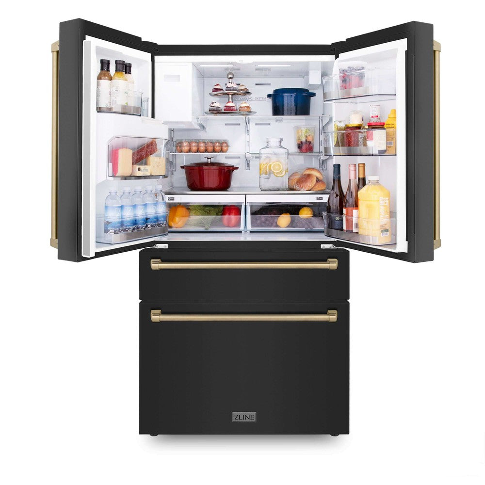 ZLINE 36 in. Autograph Edition Kitchen Package with Black Stainless Steel Dual Fuel Range, Range Hood, Dishwasher, and French Door Refrigerator with External Water Dispenser with Champagne Bronze Accents (4AKPR-RABRHDWV36-CB)