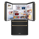 ZLINE 36 in. Autograph Edition Kitchen Package with Black Stainless Steel Dual Fuel Range, Range Hood, Dishwasher, and French Door Refrigerator with External Water Dispenser with Champagne Bronze Accents (4AKPR-RABRHDWV36-CB)