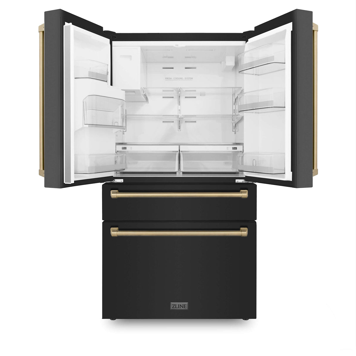 ZLINE 36 in. Autograph Edition Kitchen Package with Black Stainless Steel Dual Fuel Range, Range Hood, Dishwasher, and French Door Refrigerator with External Water Dispenser with Champagne Bronze Accents (4AKPR-RABRHDWV36-CB)