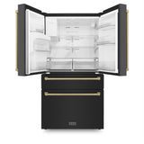 ZLINE 36 in. Autograph Edition Kitchen Package with Black Stainless Steel Dual Fuel Range, Range Hood, Dishwasher, and French Door Refrigerator with External Water Dispenser with Champagne Bronze Accents (4AKPR-RABRHDWV36-CB)