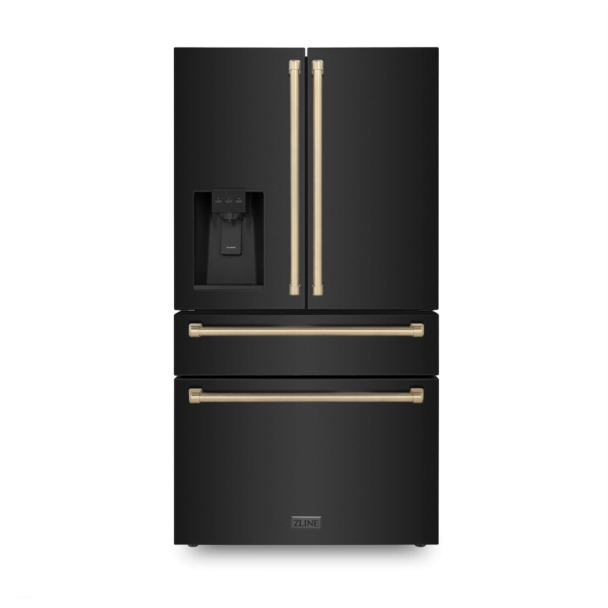 ZLINE 36 in. Autograph Edition Kitchen Package with Black Stainless Steel Dual Fuel Range, Range Hood, Dishwasher, and French Door Refrigerator with External Water Dispenser with Champagne Bronze Accents (4AKPR-RABRHDWV36-CB)