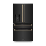 ZLINE 36 in. Autograph Edition Kitchen Package with Black Stainless Steel Dual Fuel Range, Range Hood, Dishwasher, and French Door Refrigerator with External Water Dispenser with Champagne Bronze Accents (4AKPR-RABRHDWV36-CB)