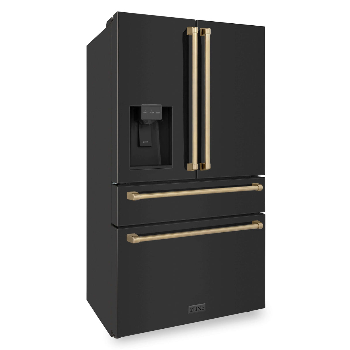 ZLINE 36 in. Autograph Edition 21.6 cu. ft Freestanding French Door Refrigerator with Water and Ice Dispenser in Fingerprint Resistant Black Stainless Steel with Champagne Bronze Accents (RFMZ-W-36-BS-CB)