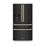 ZLINE 36 in. Autograph Edition 21.6 cu. ft 4-Door French Door Refrigerator with Water and Ice Dispenser in Black Stainless Steel with Champagne Bronze Square Handles (RFMZ-W36-BS-FCB)