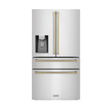 ZLINE Autograph Edition 48 in. Kitchen Package with Stainless Steel Dual Fuel Range, Range Hood, Dishwasher, and French Door Refrigerator with External Water Dispenser with Polished Gold Accents (4AKPR-RARHDWM48-G)