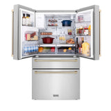 ZLINE 36 in. Autograph Edition Kitchen Package with Stainless Steel Dual Fuel Range, Range Hood, Dishwasher and Refrigeration Including External Water Dispenser with Polished Gold Accents (4AKPR-RARHDWM36-G)