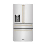 ZLINE 36 in. Autograph Edition Kitchen Package with Stainless Steel Dual Fuel Range, Range Hood, Dishwasher and Refrigeration Including External Water Dispenser with Polished Gold Accents (4AKPR-RARHDWM36-G)