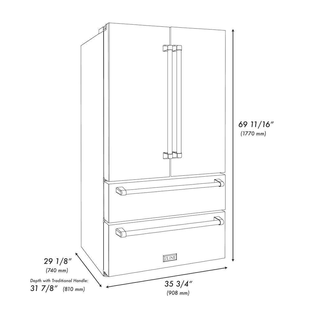 ZLINE Kitchen Package with 36 in. French Door Refrigerator, 36 in. Stainless Steel Gas Range, 36 in. Range Hood, 24 in. Microwave Drawer, and 24 in. Tall Tub Dishwasher (5KPR-SGRRH36-MWDWV)