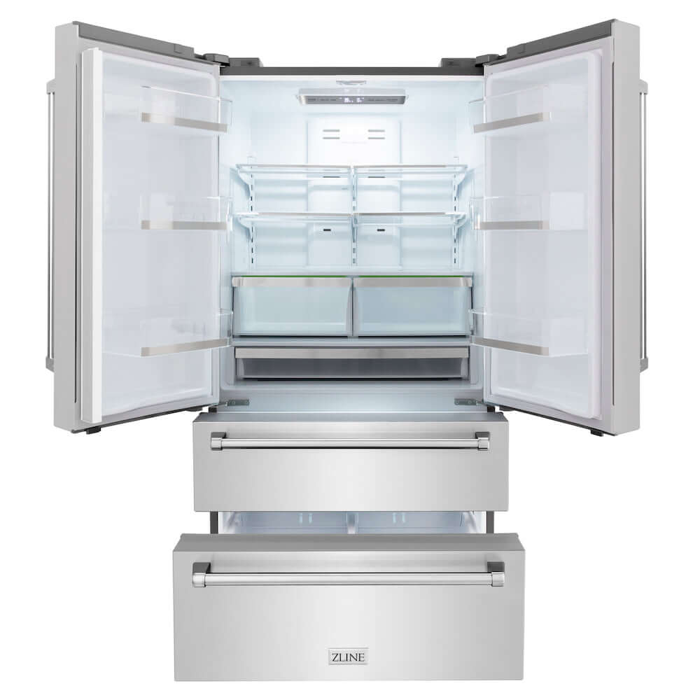 ZLINE Kitchen Package with 36 in. French Door Refrigerator, 36 in. Stainless Steel Gas Range, 36 in. Range Hood, 24 in. Microwave Drawer, and 24 in. Tall Tub Dishwasher (5KPR-SGRRH36-MWDWV)