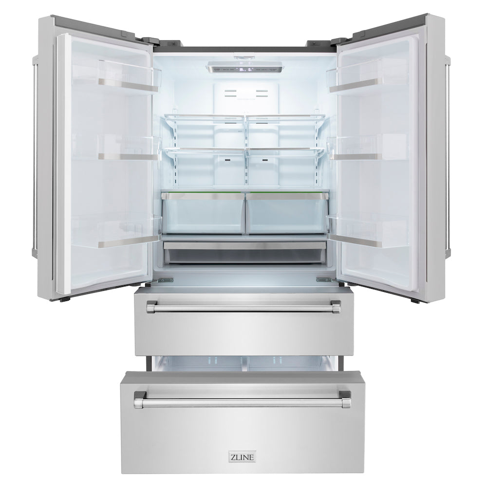 ZLINE Kitchen Package with Refrigeration, 36 in. Stainless Steel Dual Fuel Range, 36 in. Convertible Vent Range Hood and 24 in. Tall Tub Dishwasher (4KPR-RARH36-DWV)