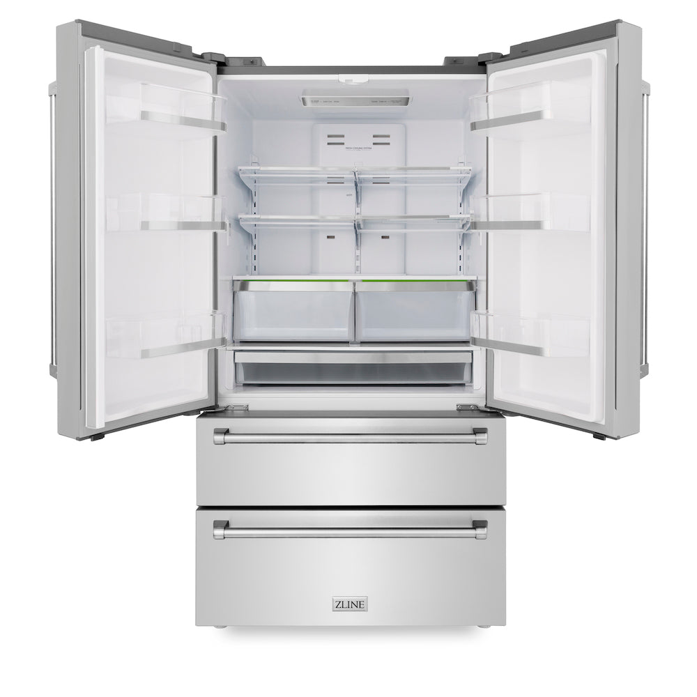 ZLINE Kitchen Package with Refrigeration, 36 in. Stainless Steel Dual Fuel Range, 36 in. Convertible Vent Range Hood and 24 in. Tall Tub Dishwasher (4KPR-RARH36-DWV)