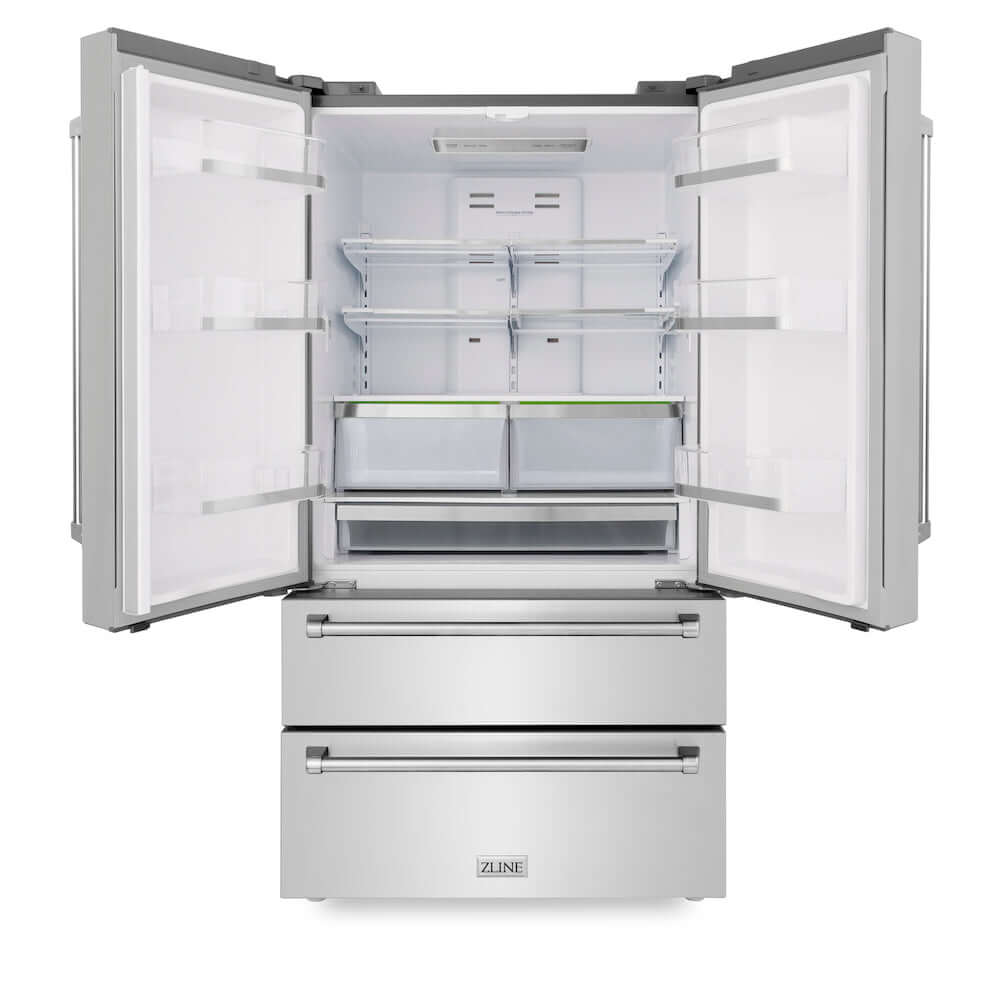 ZLINE Kitchen Package with 36 in. French Door Refrigerator, 36 in. Stainless Steel Gas Range, 36 in. Range Hood, 24 in. Microwave Drawer, and 24 in. Tall Tub Dishwasher (5KPR-SGRRH36-MWDWV)