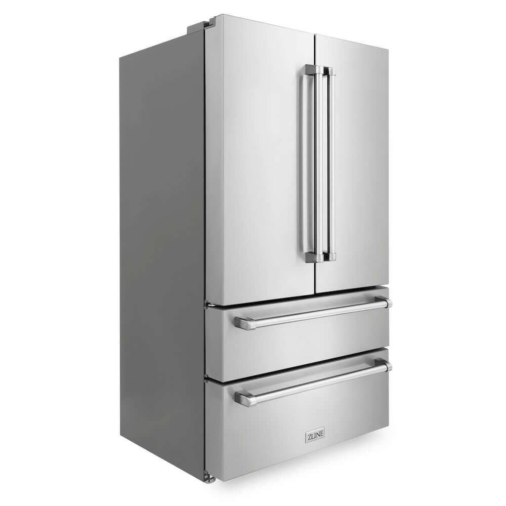 ZLINE Kitchen Package with 36 in. French Door Refrigerator, 36 in. Stainless Steel Gas Range, 36 in. Range Hood, 24 in. Microwave Drawer, and 24 in. Tall Tub Dishwasher (5KPR-SGRRH36-MWDWV)