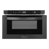 ZLINE Kitchen Package with Black Stainless Steel Refrigeration, 48 in. Dual Fuel Range, 48 in. Range Hood, Microwave Drawer, and 24 in. Tall Tub Dishwasher (5KPR-RABRH48-MWDWV)