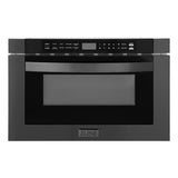 ZLINE Kitchen Package with Black Stainless Steel Refrigeration, 36 in. Dual Fuel Range, 36 in. Range Hood, Microwave Drawer, and 24 in. Tall Tub Dishwasher (5KPR-RABRH36-MWDWV)