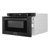 ZLINE Kitchen Package with Black Stainless Steel Refrigeration, 48 in. Dual Fuel Range, 48 in. Range Hood, Microwave Drawer, and 24 in. Tall Tub Dishwasher (5KPR-RABRH48-MWDWV)