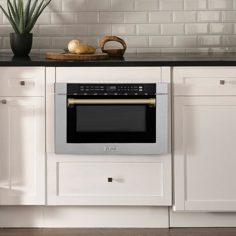 ZLINE Autograph Edition 24 in. Microwave in Fingerprint Resistant Stainless Steel with Traditional Handles and Champagne Bronze Accents (MWDZ-1-SS-H-CB)