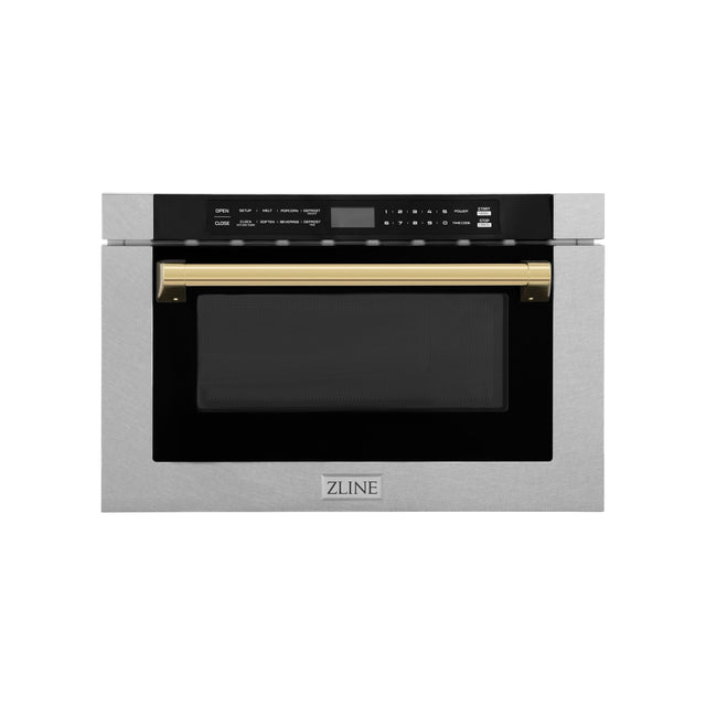 ZLINE Autograph Edition 24 in. Microwave in DuraSnow Stainless Steel with Traditional Handles and Gold Accents (MWDZ-1-SS-H-G) Front View Drawer Closed