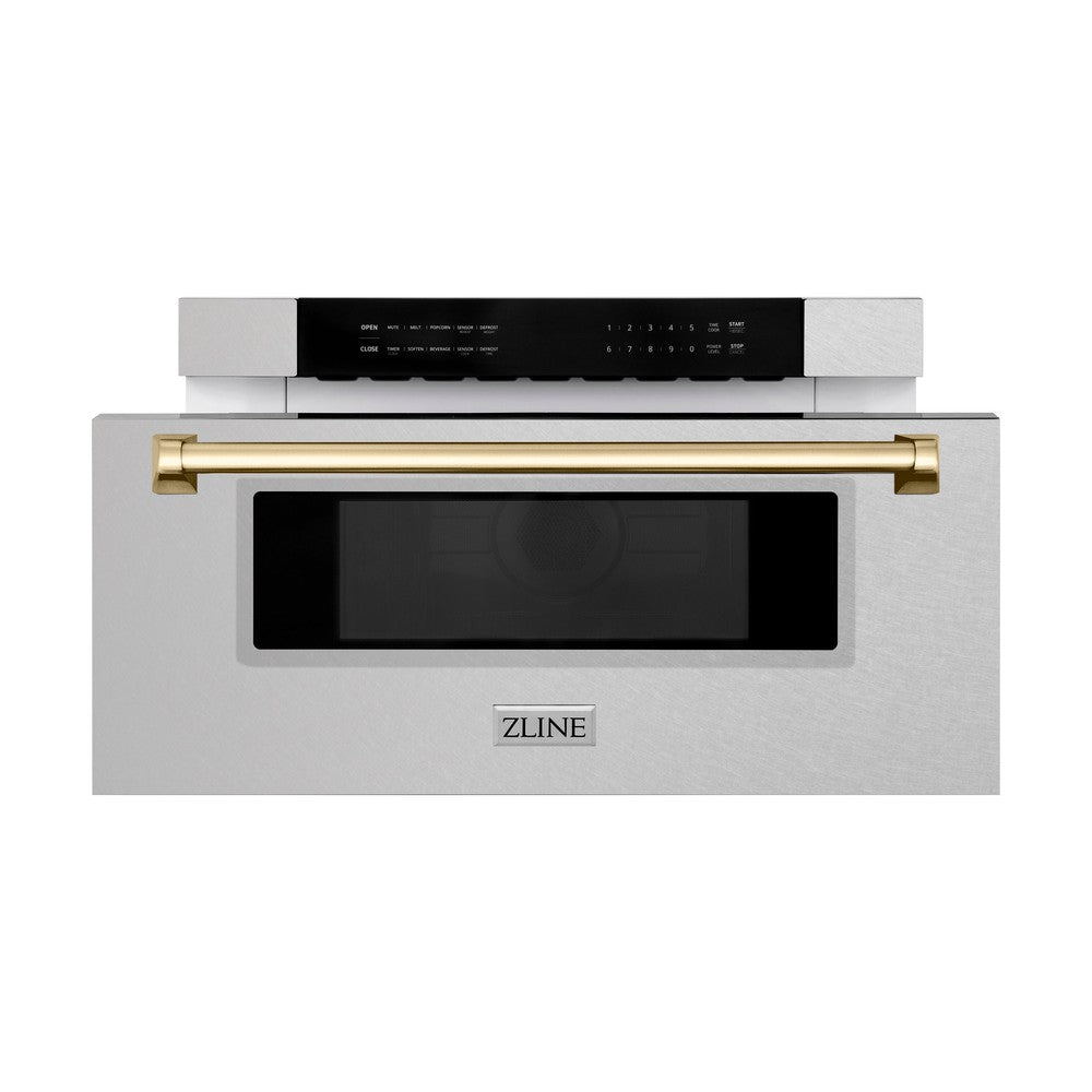 ZLINE Autograph Edition 30 in. 1.2 cu. ft. Built-In Microwave Drawer in Fingerprint Resistant Stainless Steel with Polished Gold Accents (MWDZ-30-SS-G)