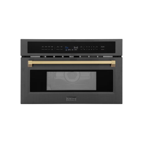 ZLINE Autograph Edition 30 in. 1.6 cu ft. Built-in Convection Microwave Oven in Black Stainless Steel with Champagne Bronze Accents (MWOZ-30-BS-CB) Front View Door Closed