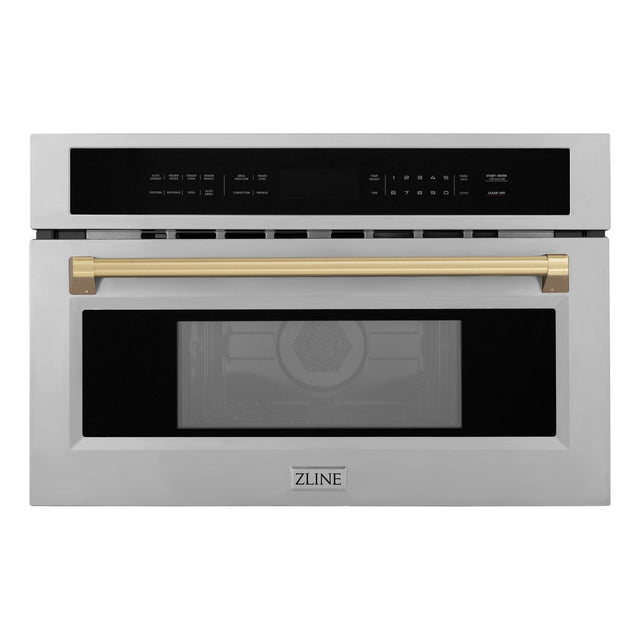 ZLINE Autograph Edition 30 in. 1.6 cu ft. Built-in Convection Microwave Oven in Stainless Steel with Champagne Bronze Accents (MWOZ-30-CB) Front View Door Closed