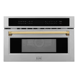 ZLINE Autograph Edition 30 in. 1.6 cu ft. Built-in Convection Microwave Oven in Stainless Steel with Gold Accents (MWOZ-30-G) Front View Door Closed