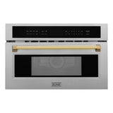 ZLINE Autograph Edition 30 in. 1.6 cu ft. Built-in Convection Microwave Oven in Fingerprint Resistant DuraSnow Stainless Steel with Gold Accents (MWOZ-30-SS-G) Front View Door Closed