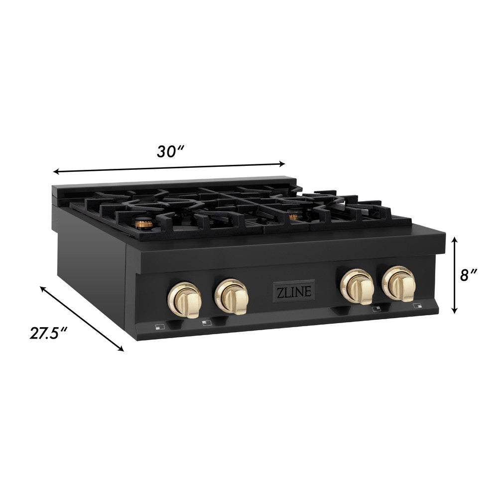 ZLINE Autograph Edition 30 in. Porcelain Rangetop with 4 Gas Burners in Black Stainless Steel and Polished Gold Accents (RTBZ-30-G)