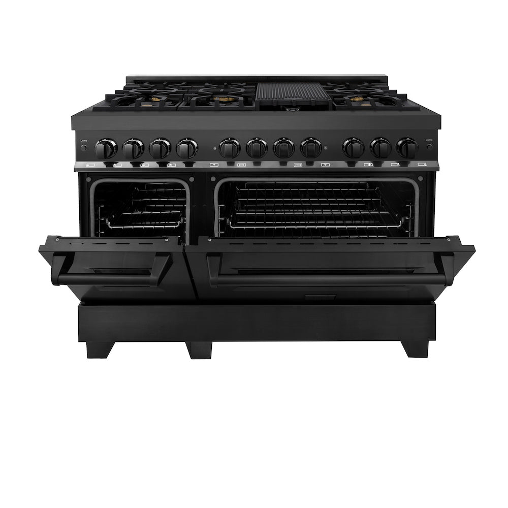 ZLINE Kitchen Package with Black Stainless Steel Refrigeration, 48 in. Dual Fuel Range, 48 in. Range Hood, Microwave Drawer, and 24 in. Tall Tub Dishwasher (5KPR-RABRH48-MWDWV)