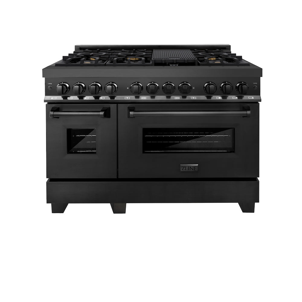 ZLINE Kitchen Package with Black Stainless Steel Refrigeration, 48 in. Dual Fuel Range, 48 in. Range Hood, Microwave Drawer, and 24 in. Tall Tub Dishwasher (5KPR-RABRH48-MWDWV)