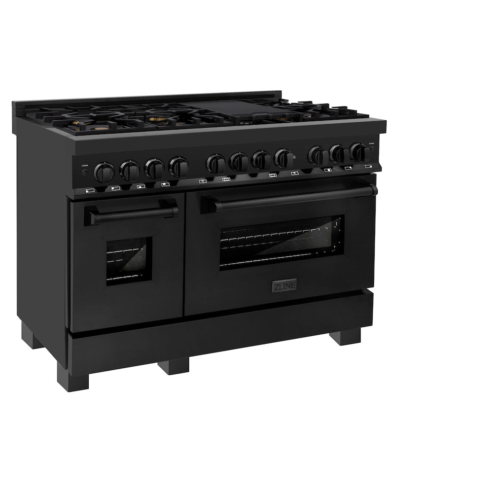 ZLINE Kitchen Package with Black Stainless Steel Refrigeration, 48 in. Dual Fuel Range, 48 in. Range Hood, Microwave Drawer, and 24 in. Tall Tub Dishwasher (5KPR-RABRH48-MWDWV)