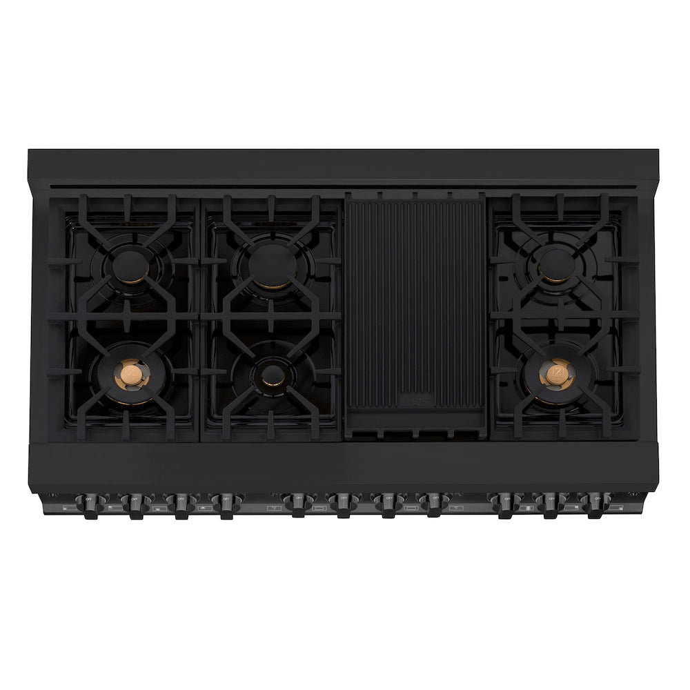 ZLINE Kitchen Package with Black Stainless Steel Refrigeration, 48 in. Dual Fuel Range, 48 in. Range Hood, Microwave Drawer, and 24 in. Tall Tub Dishwasher (5KPR-RABRH48-MWDWV)