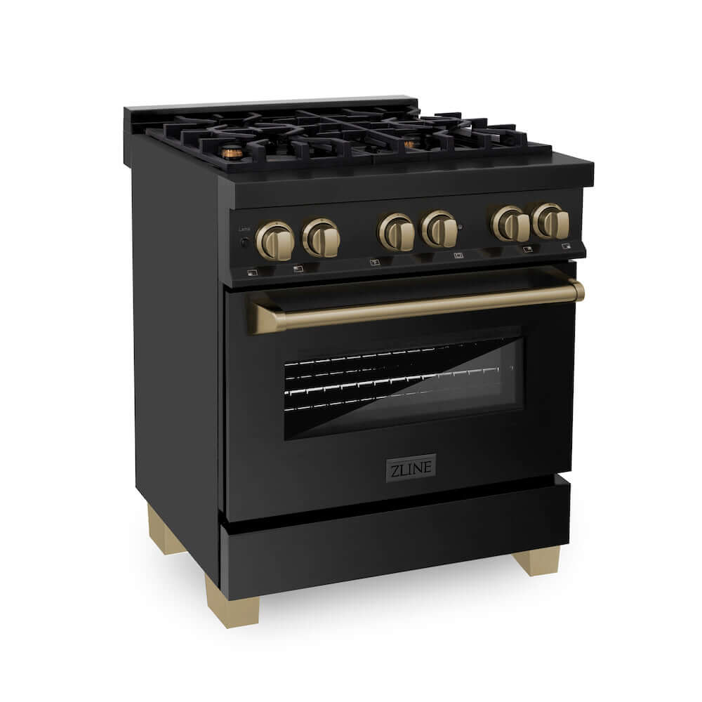 ZLINE Autograph Edition 30 in. 4.0 cu. ft. Dual Fuel Range with Gas Stove and Electric Oven in Black Stainless Steel with Champagne Bronze Accents (RABZ-30-CB)