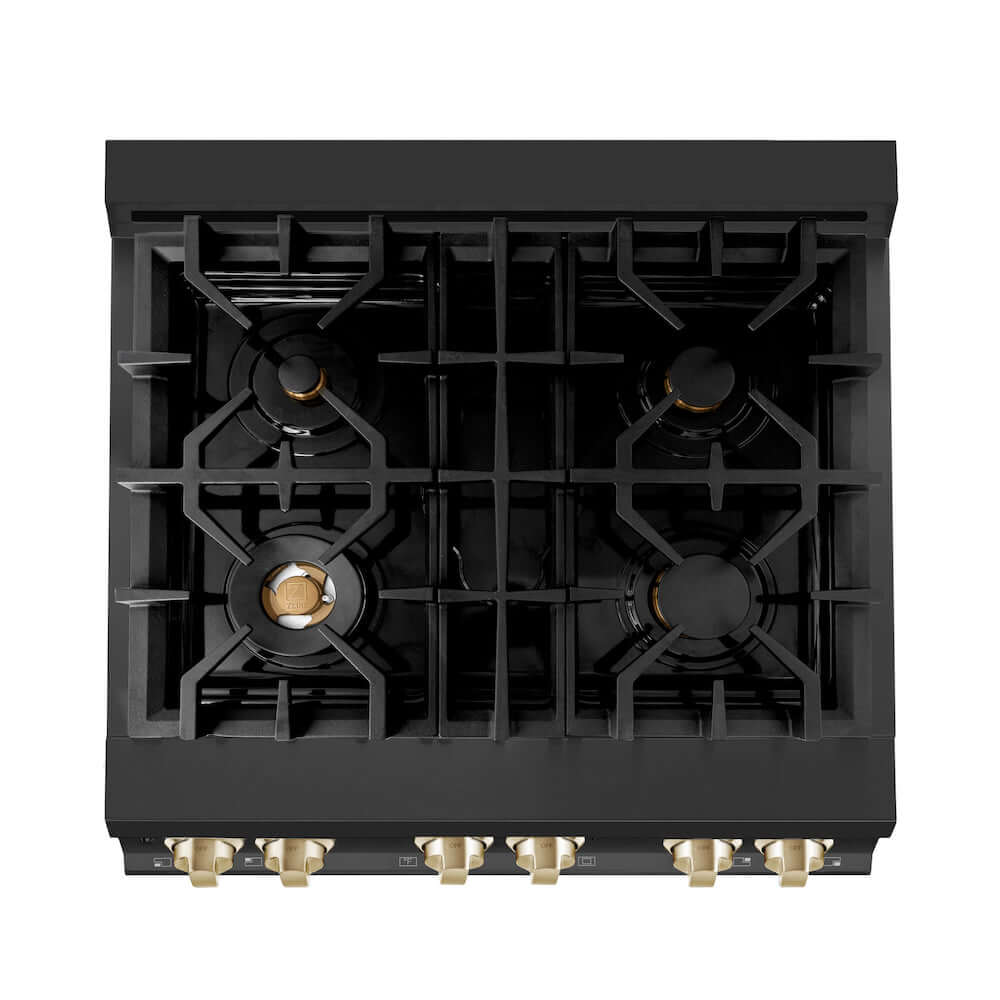 ZLINE Autograph Edition 30 in. 4.0 cu. ft. Dual Fuel Range with Gas Stove and Electric Oven in Black Stainless Steel with Polished Gold Accents (RABZ-30-G)