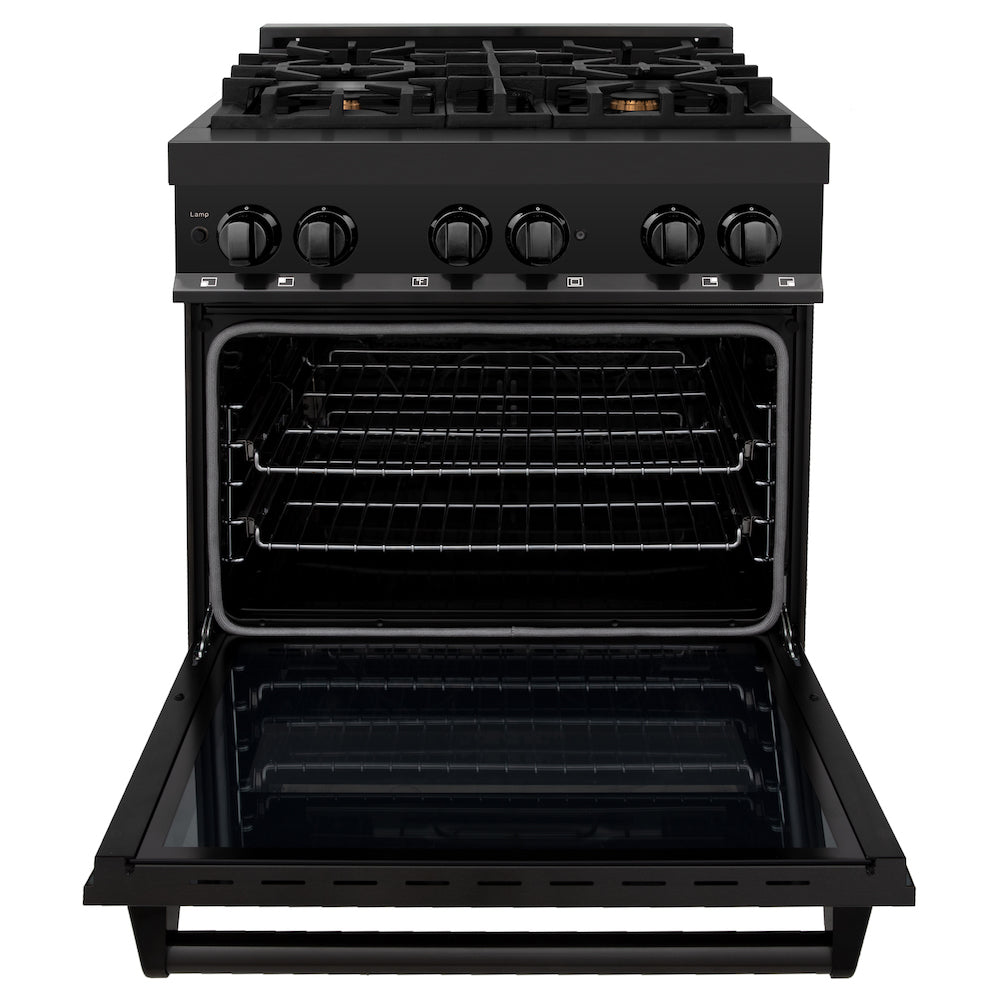 ZLINE 30 in. 4.0 cu. ft. Dual Fuel Range with Gas Stove and Electric Oven in Black Stainless Steel with Brass Burners (RAB-BR-30)