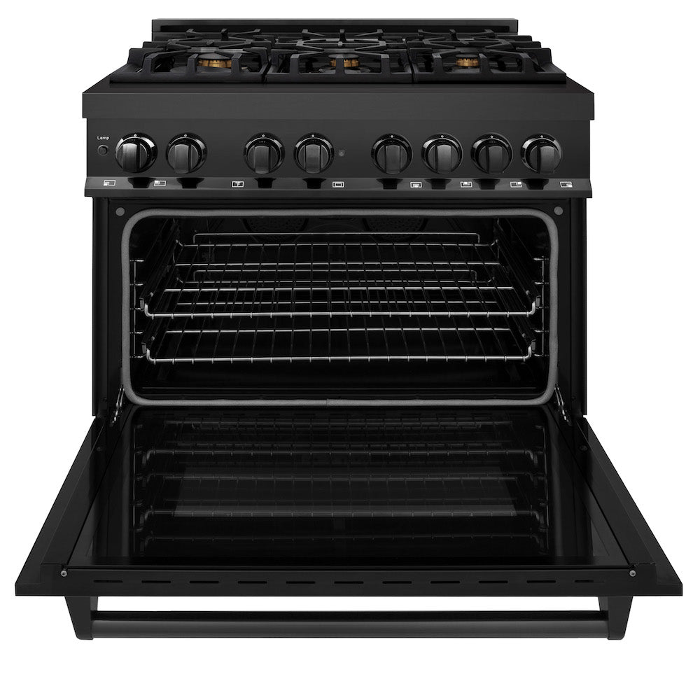 ZLINE 36 in. 4.6 cu. ft. Dual Fuel Range with Gas Stove and Electric Oven in Black Stainless Steel with Brass Burners (RAB-BR-36)