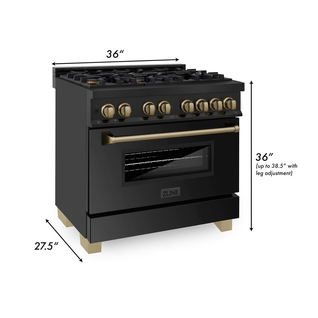 ZLINE Autograph Edition 36 in. Kitchen Package with Black Stainless Steel Dual Fuel Range, Range Hood and Dishwasher with Champagne Bronze Accents (3AKP-RABRHDWV36-CB)