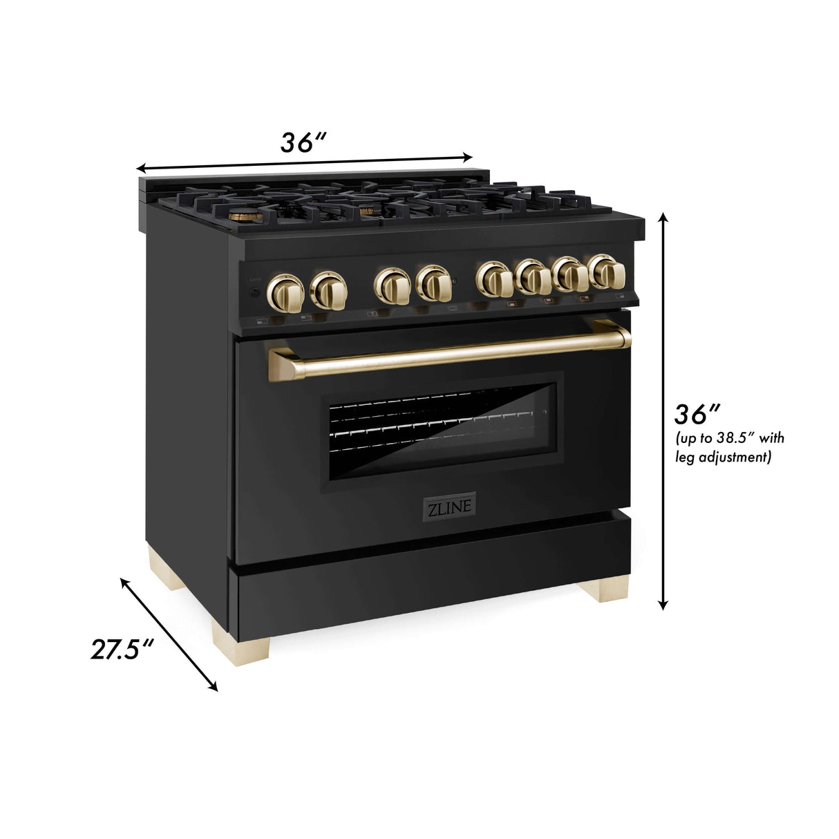 ZLINE 36 in. Autograph Edition Kitchen Package with Black Stainless Steel Dual Fuel Range, Range Hood, Dishwasher, and French Door Refrigerator with Polished Gold Accents (4AKPR-RABRHDWV36-G)