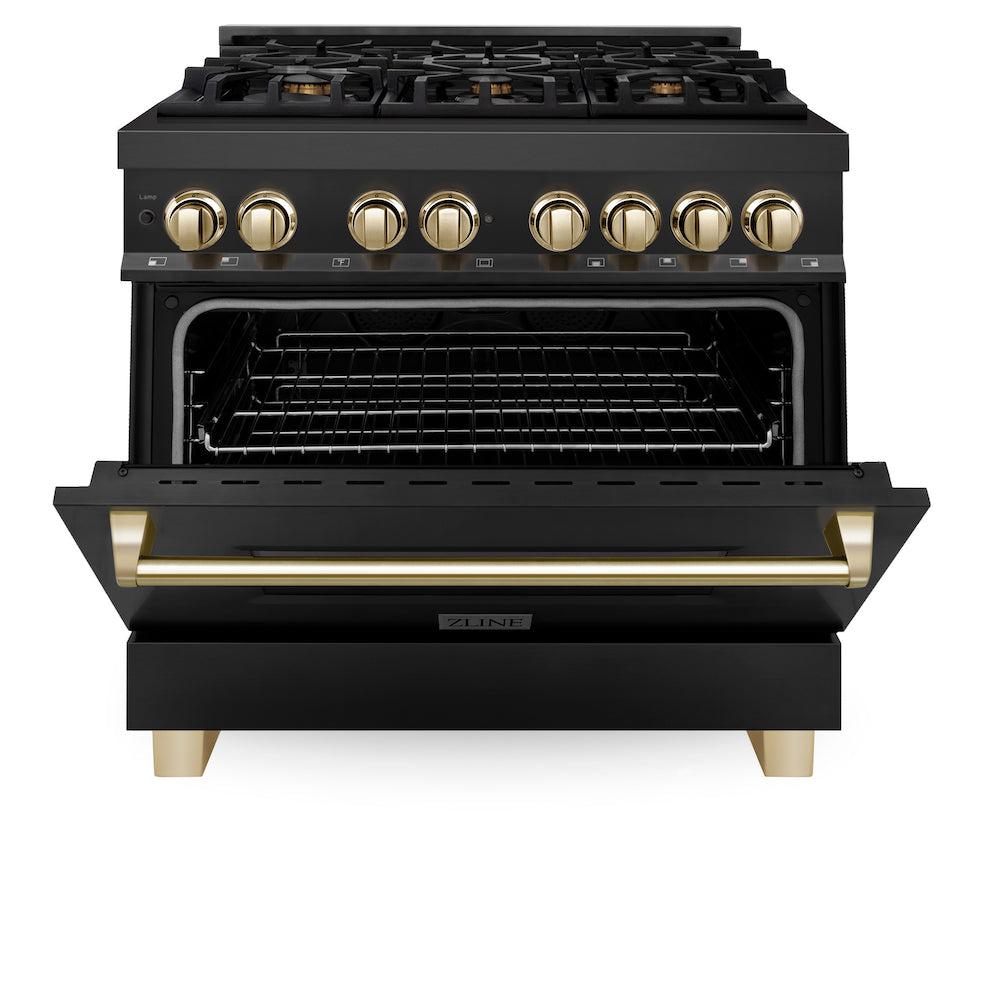 ZLINE Autograph Edition 36 in. 4.6 cu. ft. Dual Fuel Range with Gas Stove and Electric Oven in Black Stainless Steel with Polished Gold Accents (RABZ-36-G)