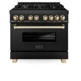 ZLINE Autograph Edition 36 in. 4.6 cu. ft. Dual Fuel Range with Gas Stove and Electric Oven in Black Stainless Steel with Polished Gold Accents (RABZ-36-G)