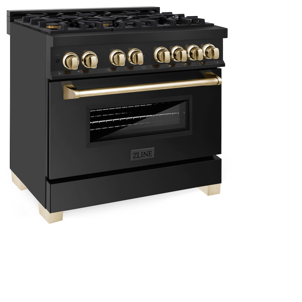 ZLINE Autograph Edition 36 in. 4.6 cu. ft. Dual Fuel Range with Gas Stove and Electric Oven in Black Stainless Steel with Polished Gold Accents (RABZ-36-G)