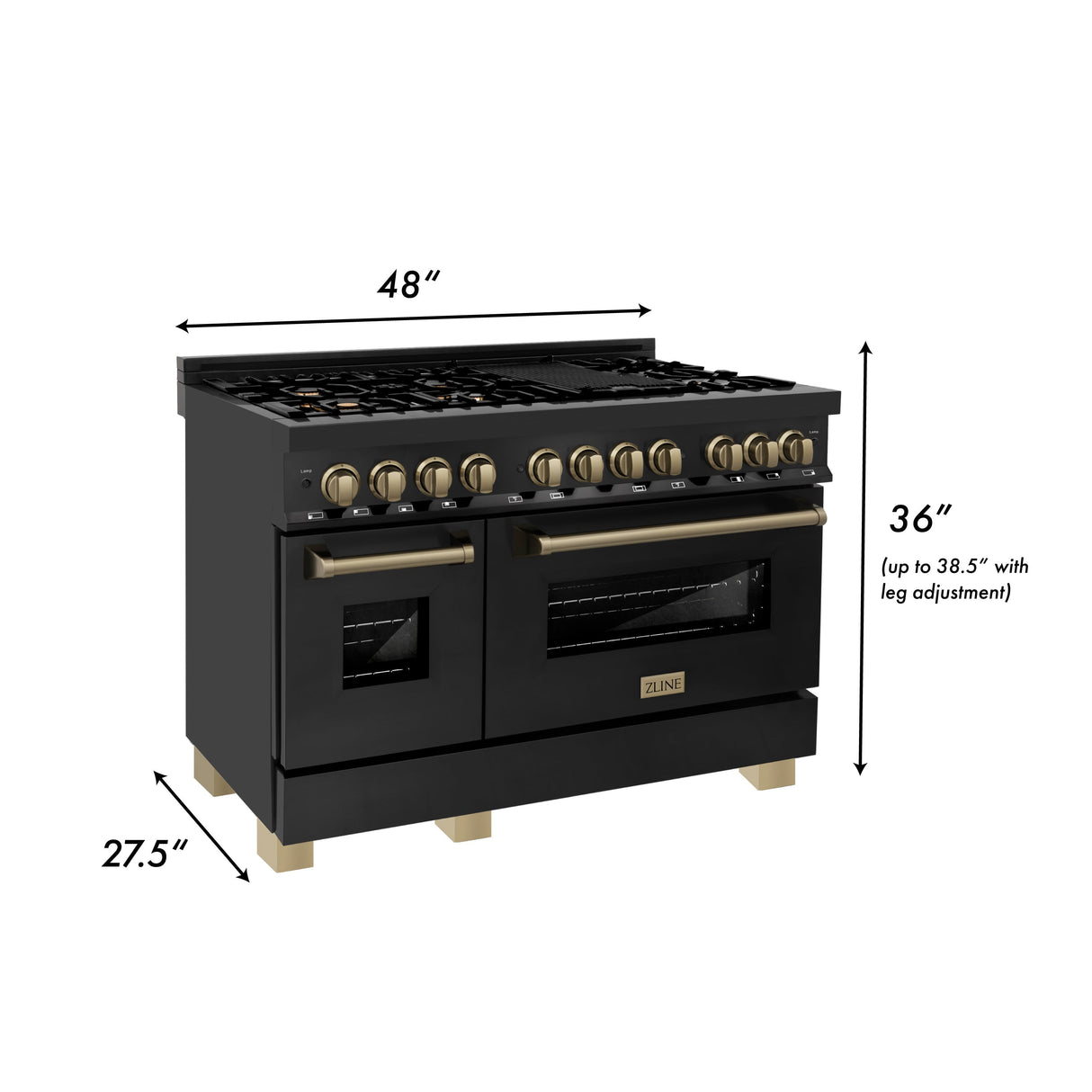 ZLINE 48 in. Autograph Edition Kitchen Package with Black Stainless Steel Dual Fuel Range, Range Hood and Dishwasher with Champagne Bronze Accents (3AKP-RABRHDWV48-CB)