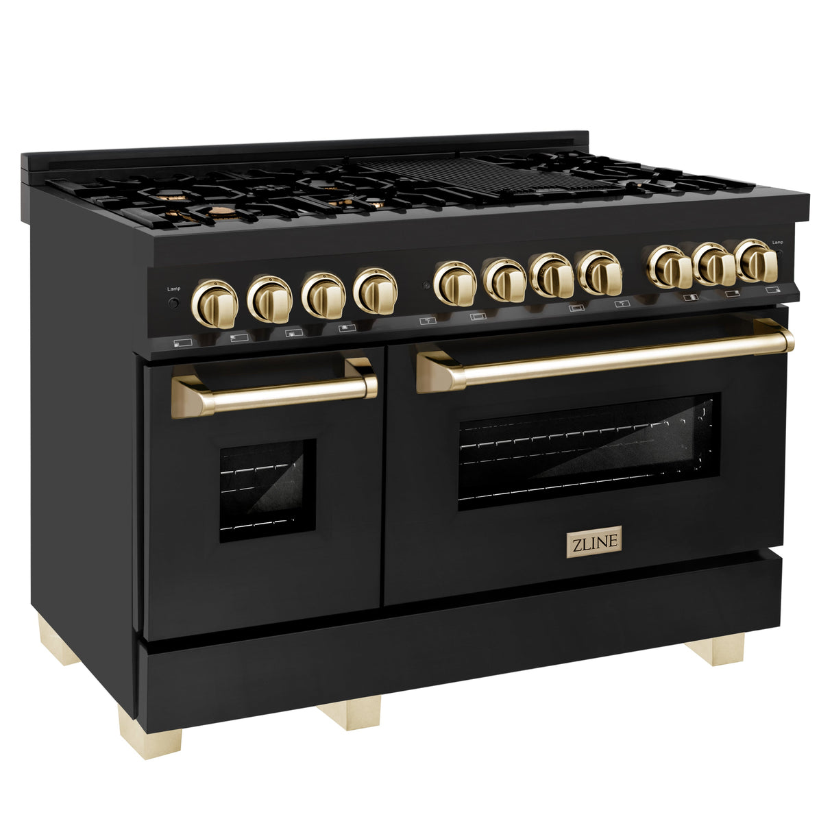 ZLINE 48 in. Autograph Edition Kitchen Package with Black Stainless Steel Dual Fuel Range, Range Hood and Dishwasher with Polished Gold Accents (3AKP-RABRHDWV48-G)