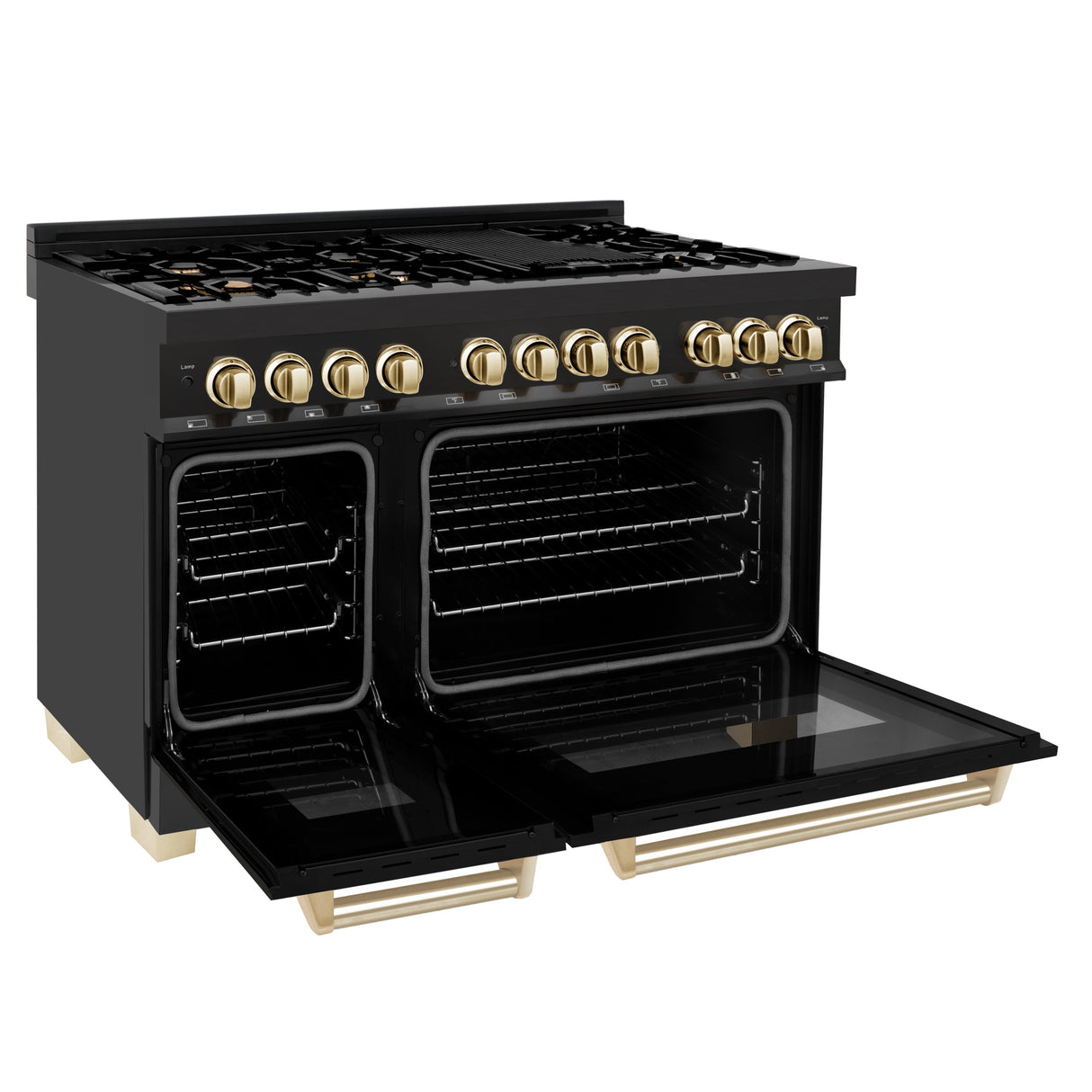 ZLINE 48 in. Autograph Edition Kitchen Package with Black Stainless Steel Dual Fuel Range, Range Hood, Dishwasher and Refrigeration Including External Water Dispenser with Polished Gold Accents (4AKPR-RABRHDWV48-G)