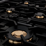 ZLINE Autograph Edition 36 in. Porcelain Rangetop with 6 Gas Burners in Black Stainless Steel and Polished Gold Accents (RTBZ-36-G)