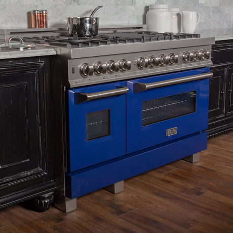 ZLINE 48 in. Fingerprint Resistant Stainless Steel 6.0 cu.ft. 7 Gas Burner/Electric Oven Range with Blue Gloss Door (RAS-BG-48)