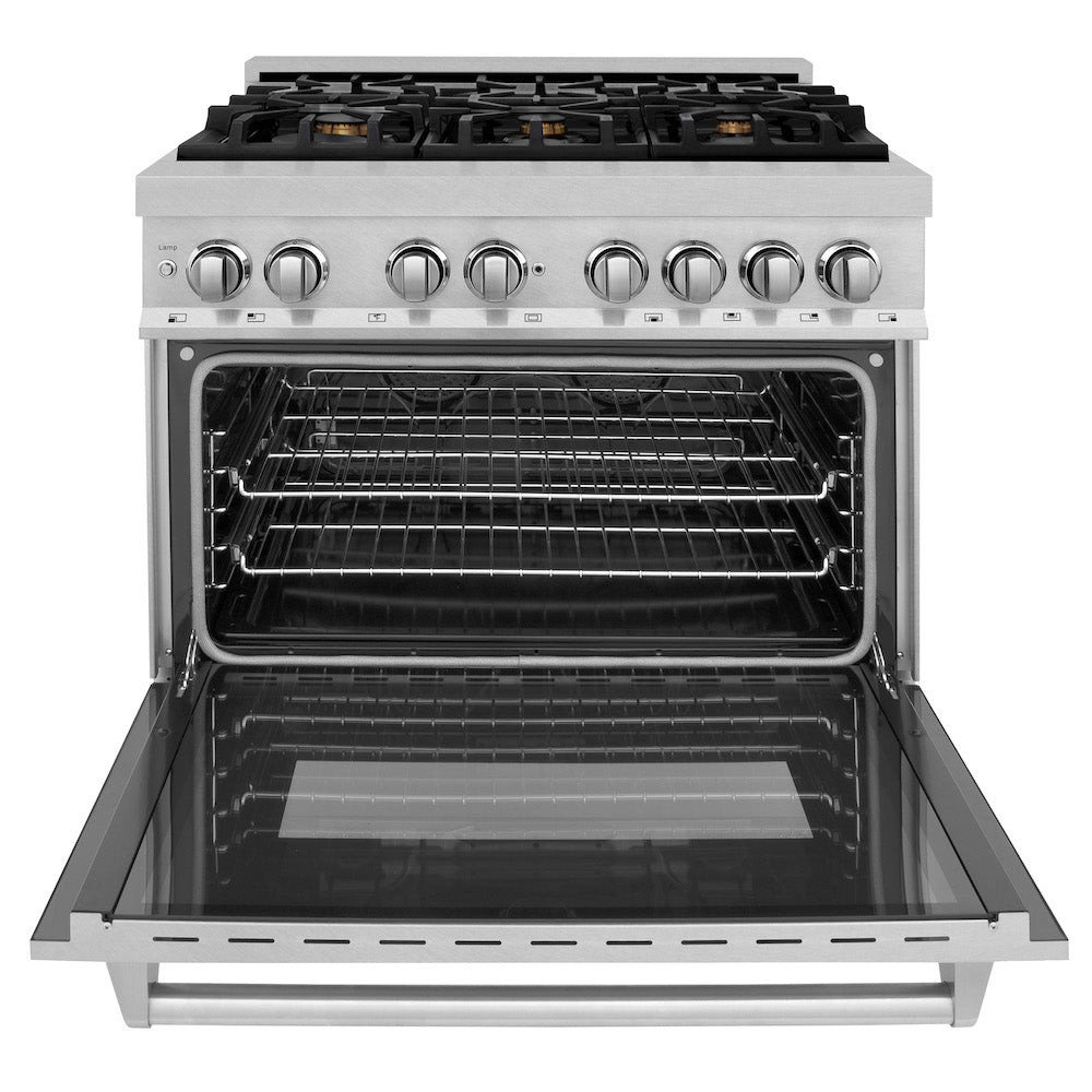 ZLINE 36 in. 4.6 cu. ft. Dual Fuel Range with Gas Stove and Electric Oven in Fingerprint Resistant Stainless Steel and Brass Burners (RAS-SN-BR-36)