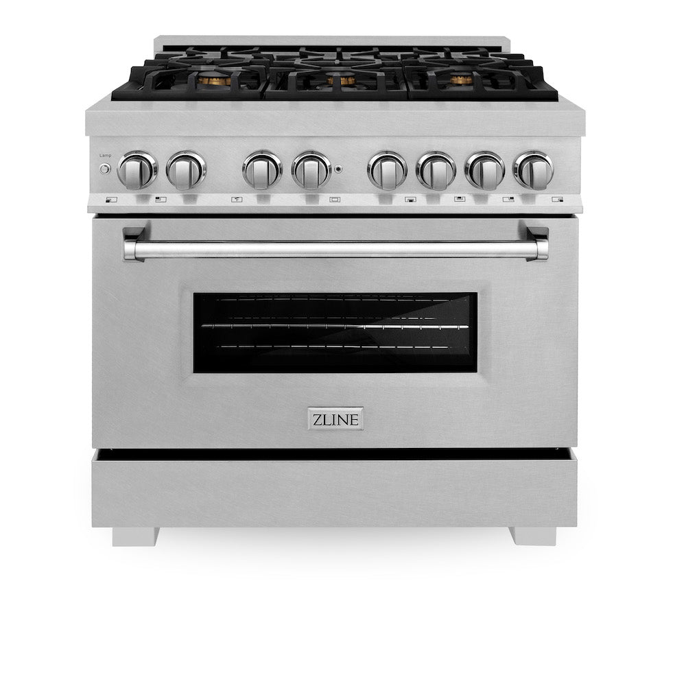 ZLINE 36 in. 4.6 cu. ft. Dual Fuel Range with Gas Stove and Electric Oven in Fingerprint Resistant Stainless Steel and Brass Burners (RAS-SN-BR-36)