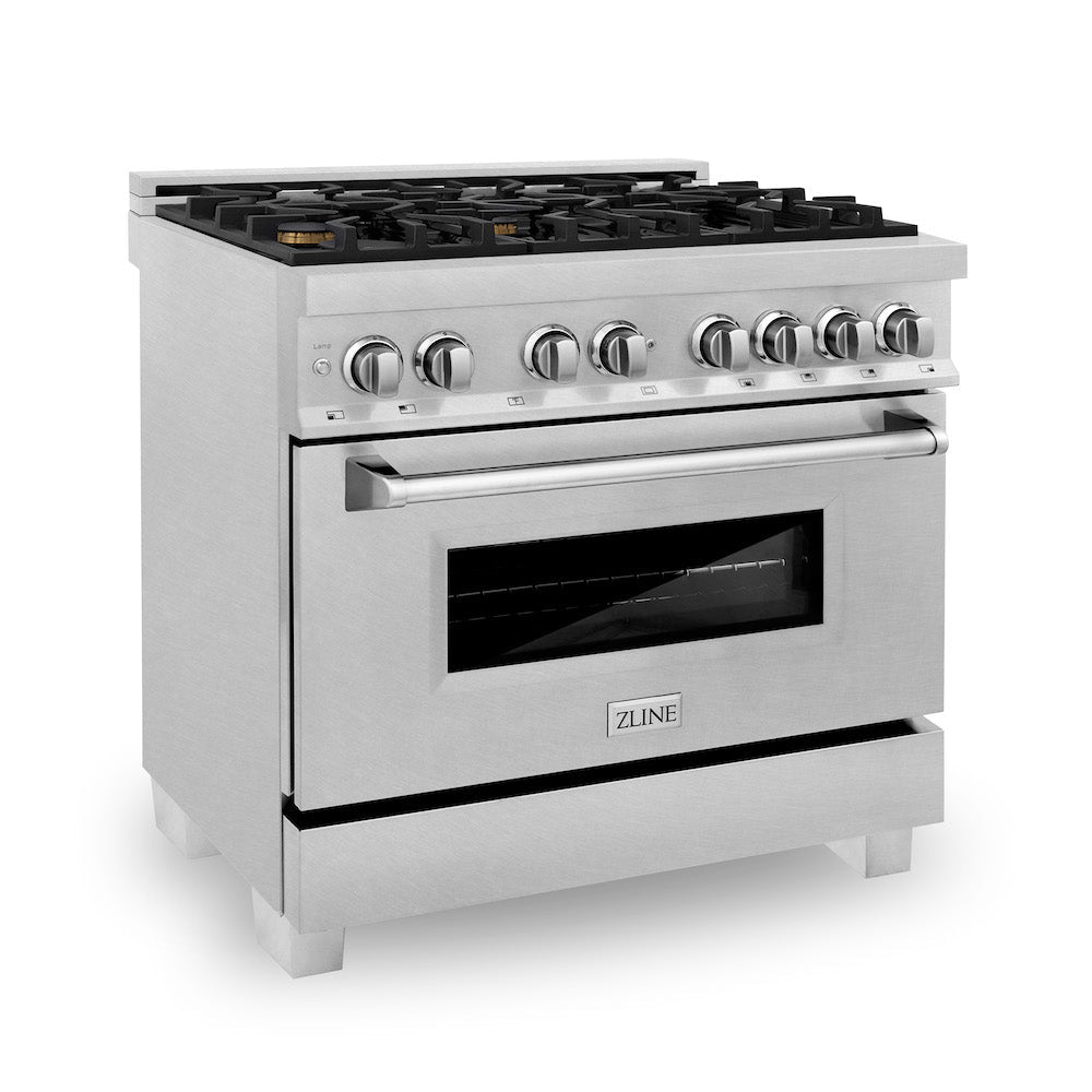 ZLINE 36 in. 4.6 cu. ft. Dual Fuel Range with Gas Stove and Electric Oven in Fingerprint Resistant Stainless Steel and Brass Burners (RAS-SN-BR-36)