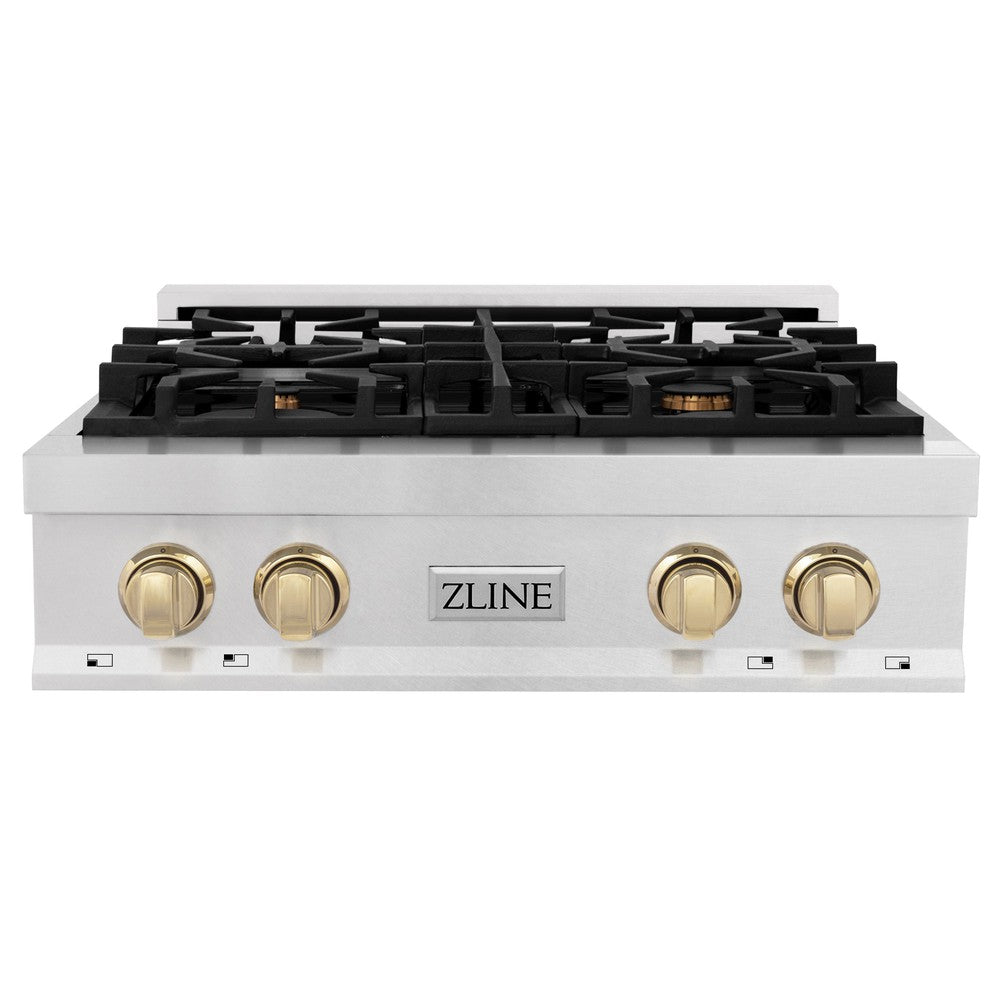 ZLINE Autograph Edition 30 in. Porcelain Rangetop with 4 Gas Burners in DuraSnow Stainless Steel with Polished Gold Accents (RTSZ-30-G)